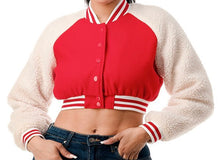 Load image into Gallery viewer, VARSITY CROP TEDDY FUR JACKET (2 COLORS)