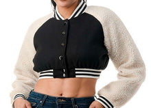 Load image into Gallery viewer, VARSITY CROP TEDDY FUR JACKET (2 COLORS)